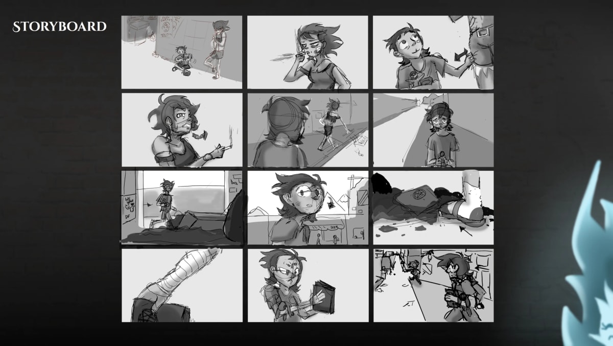 Storyboard completo del corto en blanco y negro, con las viñetas numeradas, de Mariana Álvarez Mora, alumna de Ilustración y Animación 2D en TRAZOS