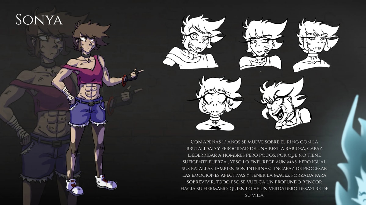 Hoja del personaje de Sonya, luchadora adolescente, con estudios de expresión y su biografía, de Mariana Álvarez Mora, alumna de Ilustración y Animación 2D en TRAZOS