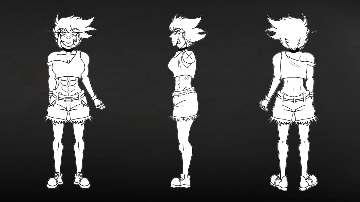 Turnaround de línea de Sonya en tres vistas, de Mariana Álvarez Mora, alumna de Ilustración y Animación 2D en TRAZOS