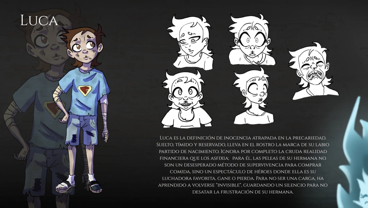 Hoja del personaje de Luca, el hermano pequeño con el labio partido, con estudios de expresión, de Mariana Álvarez Mora, alumna de Ilustración y Animación 2D en TRAZOS