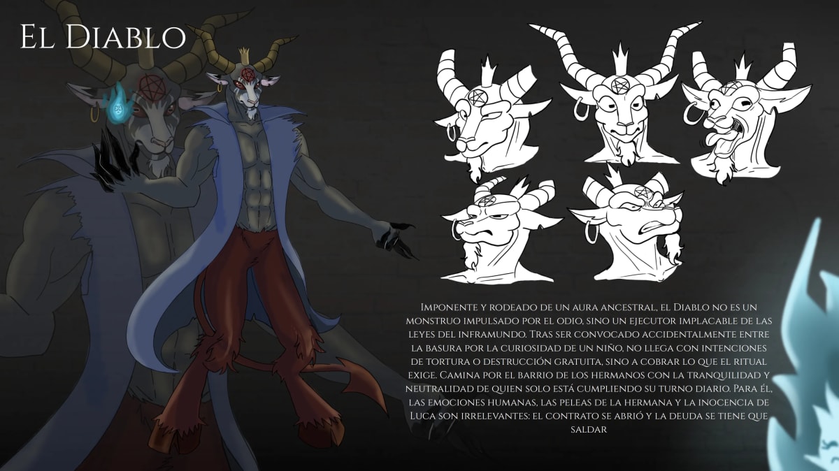 Hoja del personaje de El Diablo, figura astada de aura ancestral, con estudios de cabeza, de Mariana Álvarez Mora, alumna de Ilustración y Animación 2D en TRAZOS