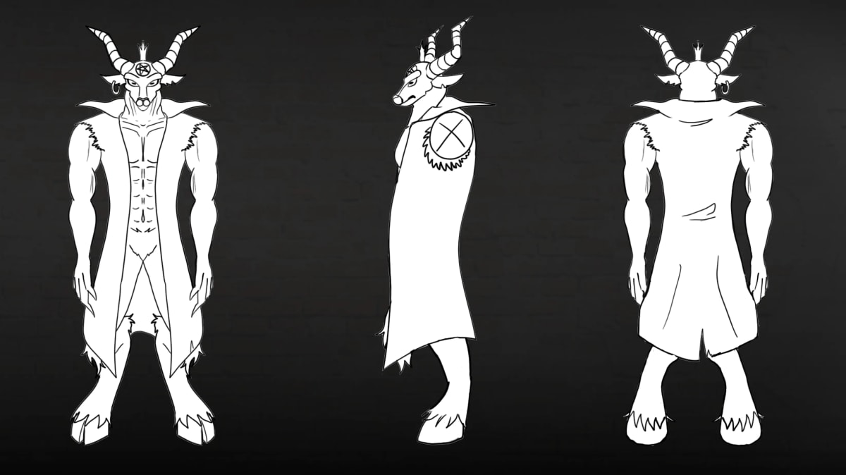 Turnaround de línea de El Diablo en tres vistas, de Mariana Álvarez Mora, alumna de Ilustración y Animación 2D en TRAZOS