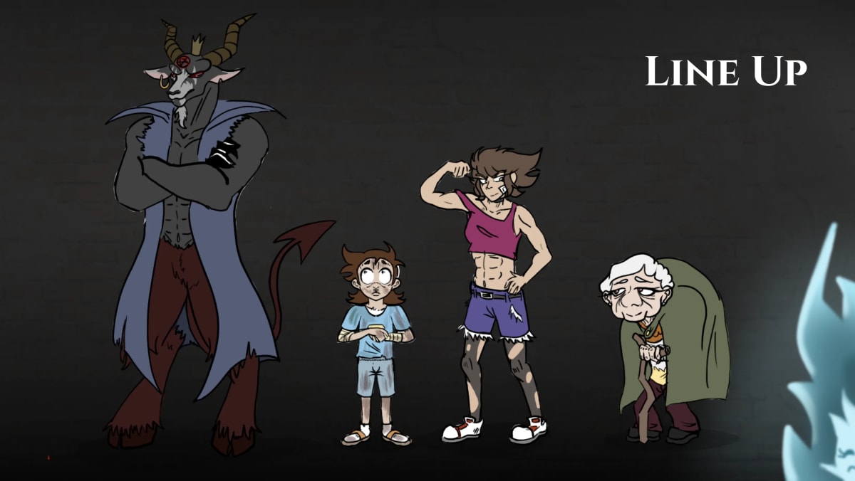 Line up de los cuatro personajes a escala: El Diablo, Luca, Sonya y la anciana, de Mariana Álvarez Mora, alumna de Ilustración y Animación 2D en TRAZOS