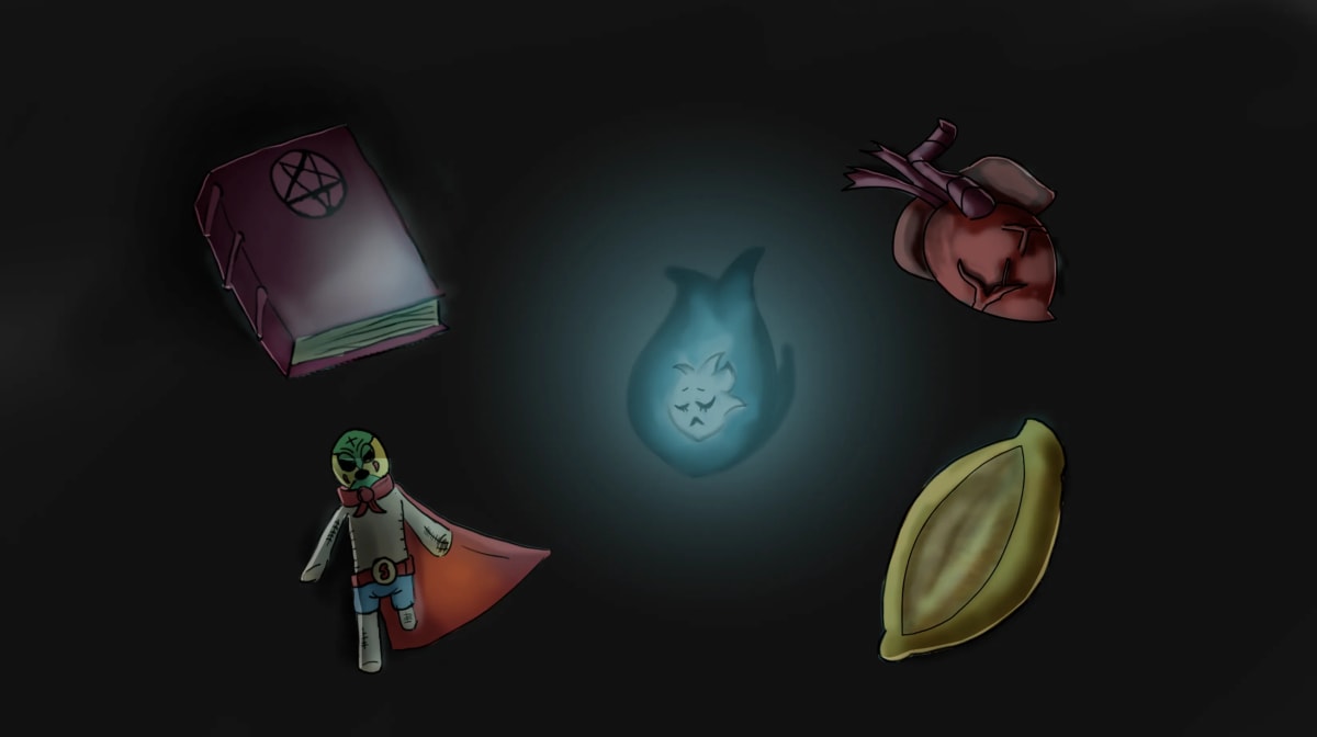 Props del corto: un grimorio con pentagrama, un corazón, una llama azul y un muñeco, de Mariana Álvarez Mora, alumna de Ilustración y Animación 2D en TRAZOS