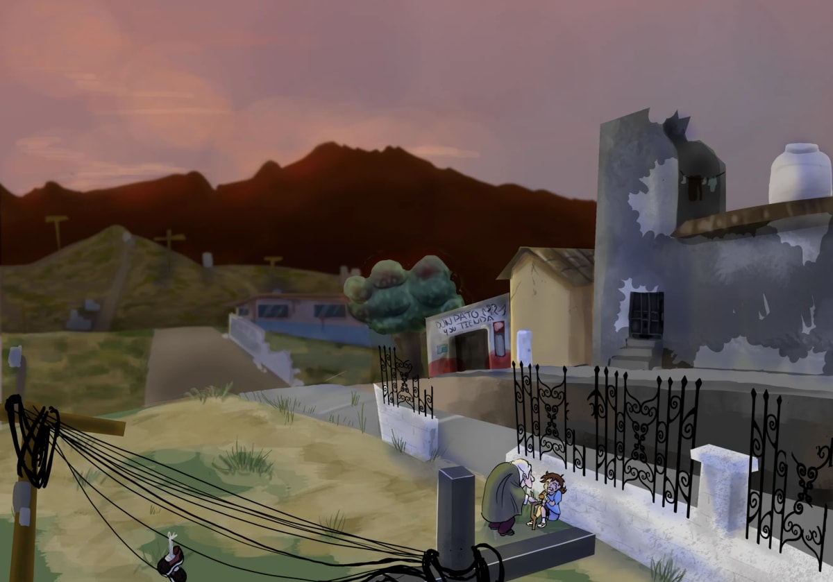 Escenario del barrio al atardecer, con el cementerio y los tendidos eléctricos, de Mariana Álvarez Mora, alumna de Ilustración y Animación 2D en TRAZOS