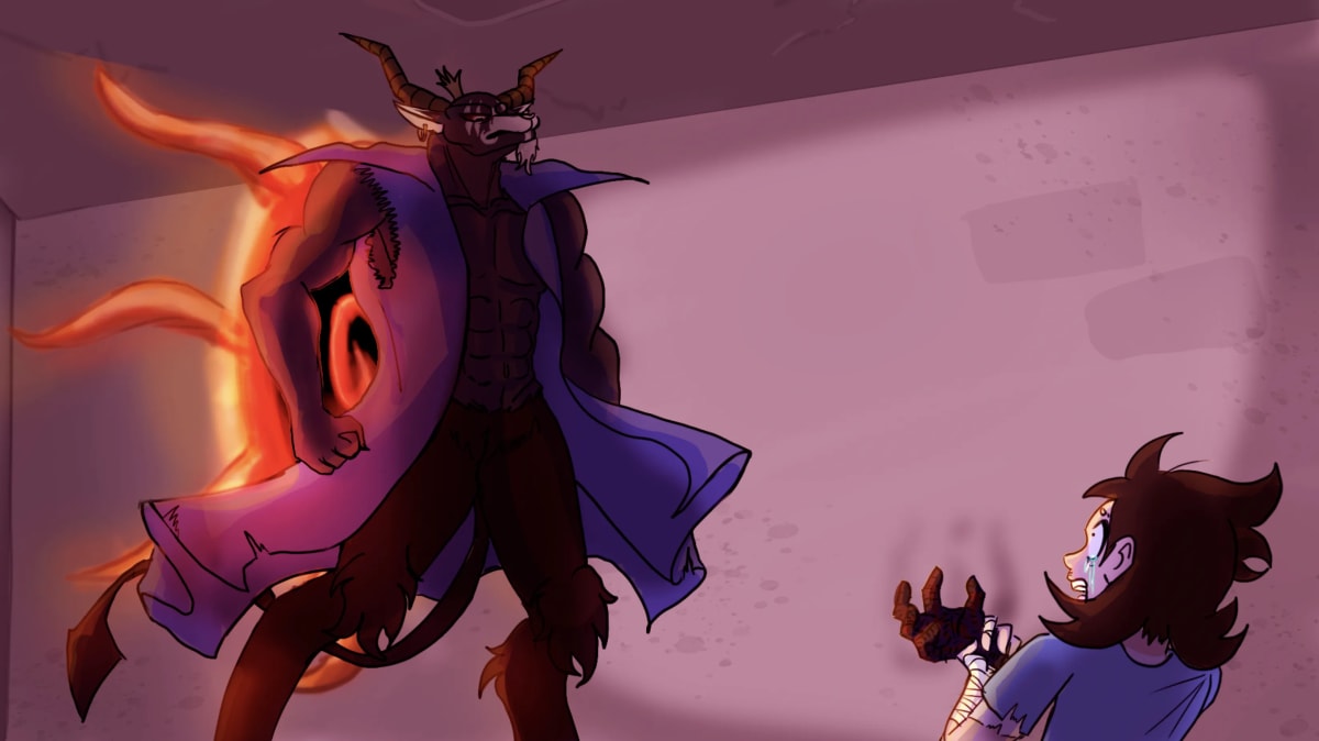 Escena de la aparición de El Diablo ante Luca en una habitación rosada, de Mariana Álvarez Mora, alumna de Ilustración y Animación 2D en TRAZOS