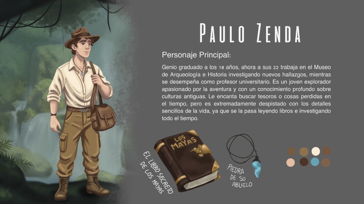 Hoja del personaje principal Paulo Zenda, explorador y arqueólogo, con sus props y paleta, de María Jiménez, alumna de Ilustración y Animación 2D en TRAZOS