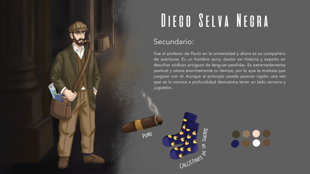 Hoja del personaje Diego Selva Negra, doctor en Historia, con su puro y sus calcetines de la suerte, de María Jiménez, alumna de Ilustración y Animación 2D en TRAZOS