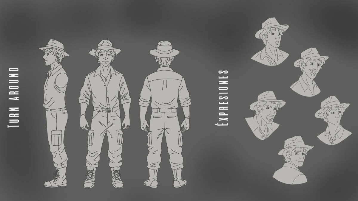 Turnaround y hoja de expresiones de Paulo Zenda, de María Jiménez, alumna de Ilustración y Animación 2D en TRAZOS