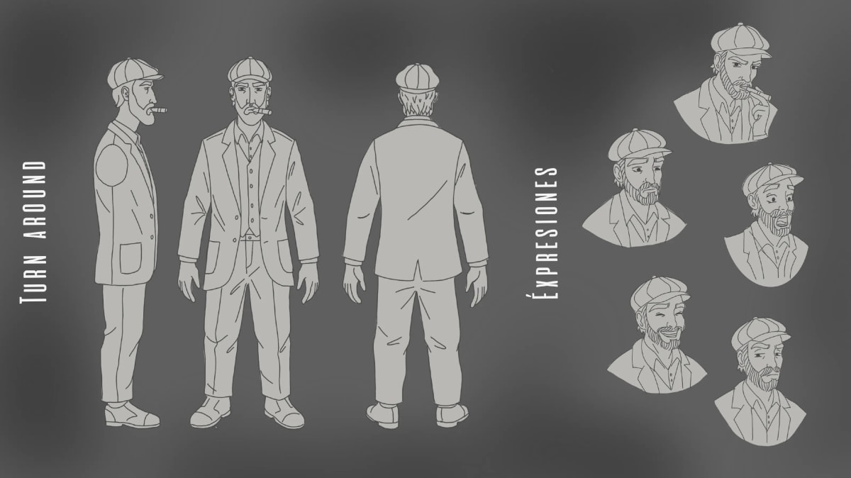 Turnaround y hoja de expresiones de Diego Selva Negra, de María Jiménez, alumna de Ilustración y Animación 2D en TRAZOS
