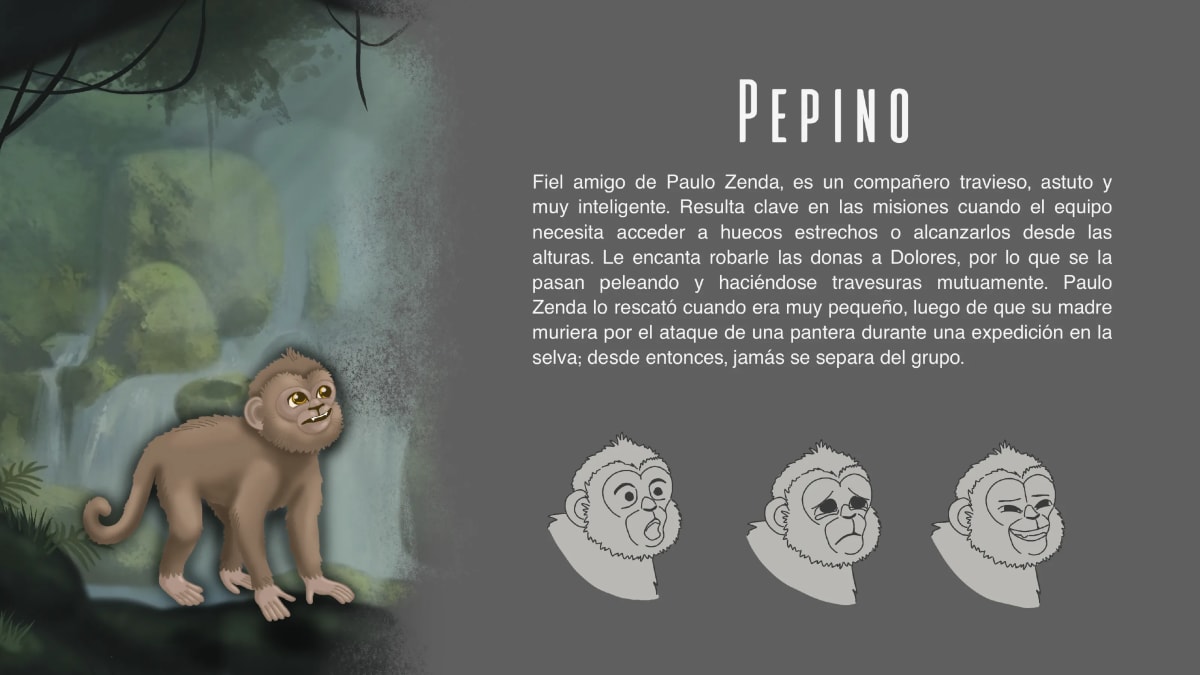 Hoja de Pepino, el mono compañero de Paulo Zenda, con sus expresiones, de María Jiménez, alumna de Ilustración y Animación 2D en TRAZOS