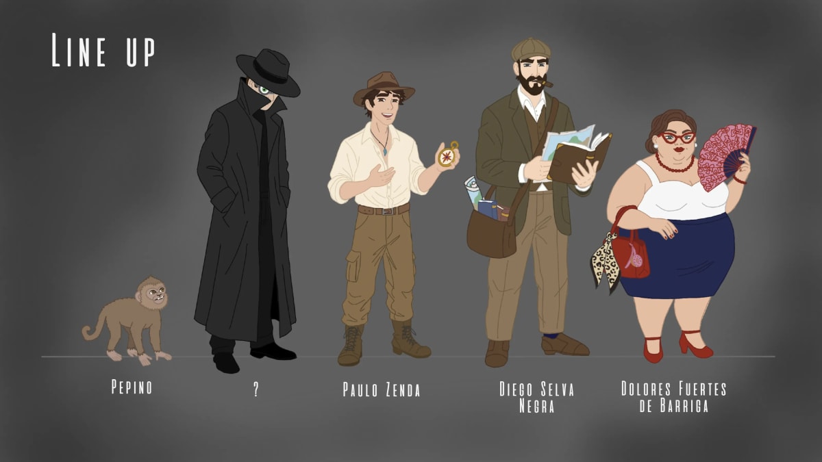 Line up de los personajes a escala, con Pepino, Paulo Zenda, Diego y Dolores, de María Jiménez, alumna de Ilustración y Animación 2D en TRAZOS
