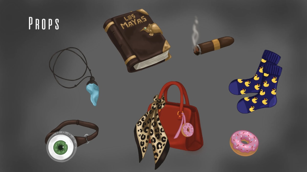 Props del proyecto: el libro de los mayas, un puro, un colgante, el bolso de Dolores y una dona, de María Jiménez, alumna de Ilustración y Animación 2D en TRAZOS