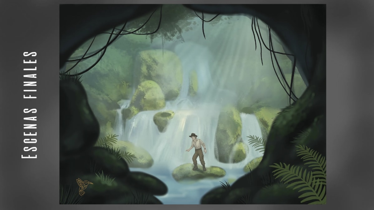 Escena final: Paulo Zenda sobre una roca ante la cascada de la selva, de María Jiménez, alumna de Ilustración y Animación 2D en TRAZOS