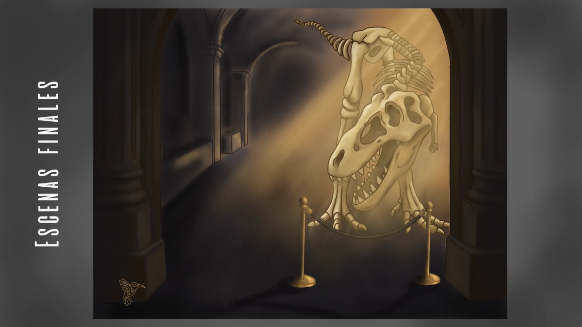 Escena final: el esqueleto de un dinosaurio iluminado en la sala de un museo, de María Jiménez, alumna de Ilustración y Animación 2D en TRAZOS