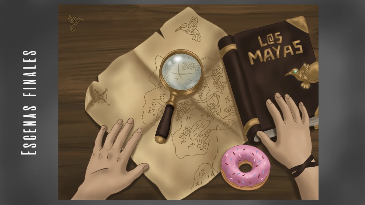 Escena final: unas manos sobre un mapa antiguo con una lupa, el libro de los mayas y una dona, de María Jiménez, alumna de Ilustración y Animación 2D en TRAZOS