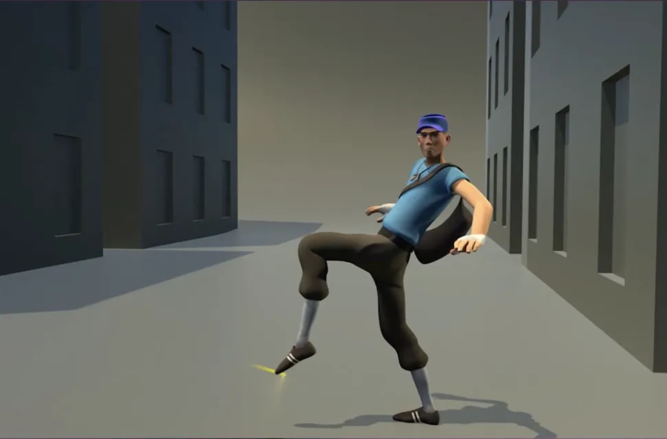 Personaje 3D en una pose de actuación (acting) en un callejón, módulo del Máster Avanzado en Animación de Criaturas y Personajes de TRAZOS, escuela de arte digital en Madrid