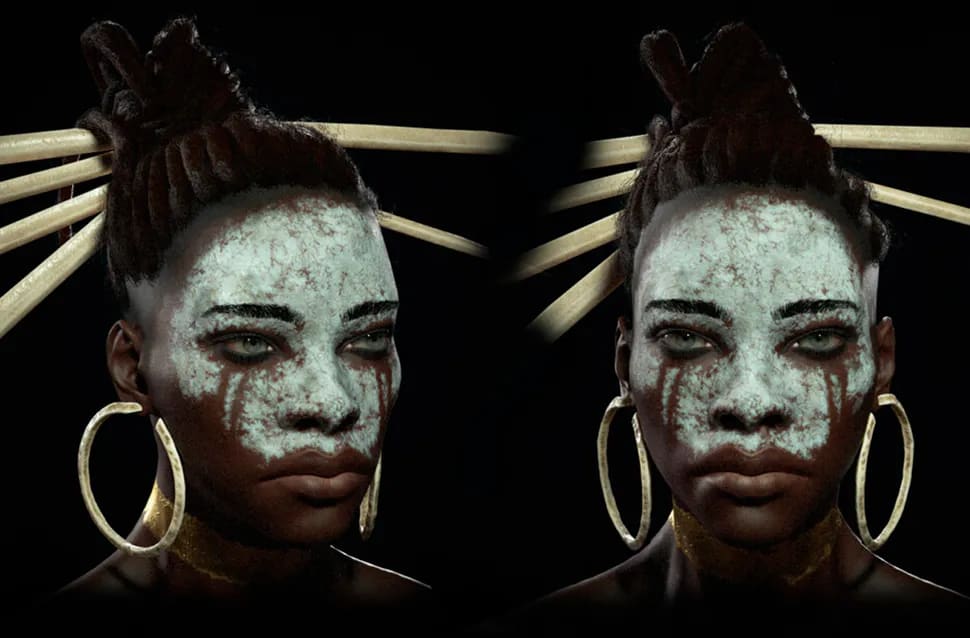 Personaje 3D femenino con pintura facial blanca tribal, pendientes de aro dorados y tocado de huesos, dos vistas, módulo del Máster Avanzado en Escultura y Diseño de Personajes con ZBrush de TRAZOS, escuela de arte digital en Madrid