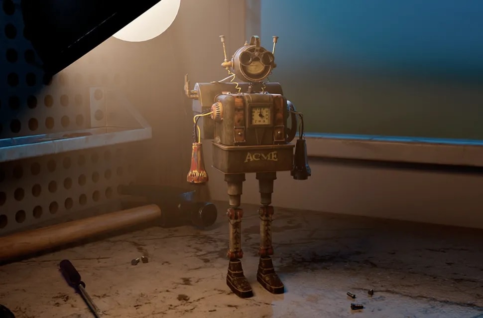Personaje robot vintage estilo steampunk con esfera de reloj y la marca ACME en el cuerpo, en un taller iluminado, módulo de la Doble Carrera en Ilustración, Concept Art, 3D y Animación de TRAZOS, escuela de arte digital en Madrid