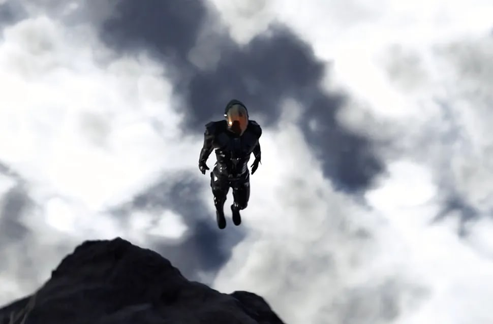 Personaje con armadura saltando por un cielo nublado, animación de mecánica corporal (body mechanics), módulo del Máster Avanzado en Animación de Criaturas y Personajes de TRAZOS, escuela de arte digital en Madrid