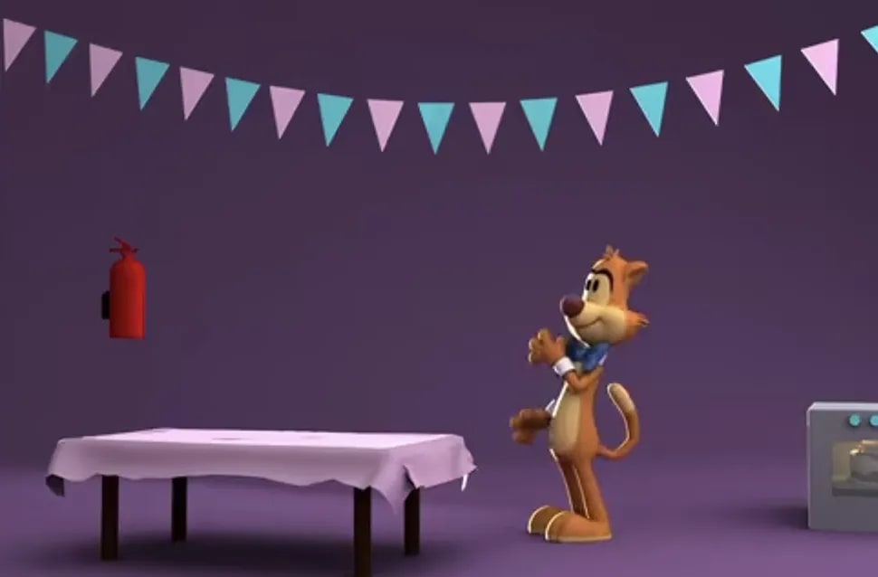Escena de animación cartoon en 3D con un personaje tipo suricato en una fiesta de cumpleaños, módulo del Máster Avanzado en Animación de Criaturas y Personajes de TRAZOS, escuela de arte digital en Madrid