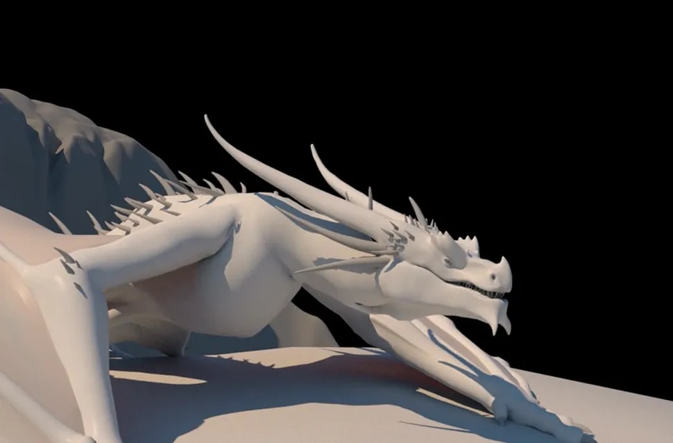 Escultura 3D de un dragón tumbado sobre una roca, modelado de criaturas, módulo del Máster Avanzado en Animación de Criaturas y Personajes de TRAZOS, escuela de arte digital en Madrid