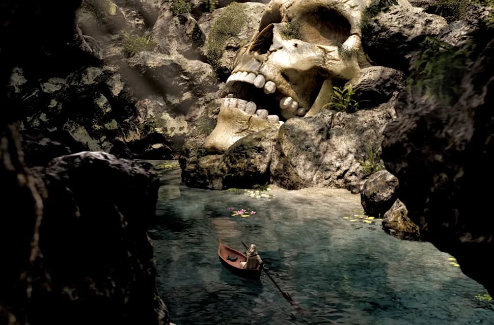 Entorno 3D de una formación rocosa con forma de calavera gigante sobre un río turquesa con una pequeña barca de remos, módulo de la Doble Carrera en Ilustración, Concept Art, 3D y Animación de TRAZOS, escuela de arte digital en Madrid