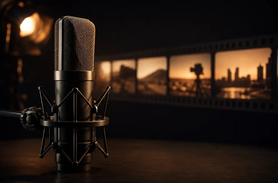 Línea de tiempo de montaje con planos y pistas de audio junto a un micrófono de estudio, edición y sonido, módulo del Máster Avanzado en Animación Cinematográfica con ComfyUI de TRAZOS, escuela de arte digital en Madrid