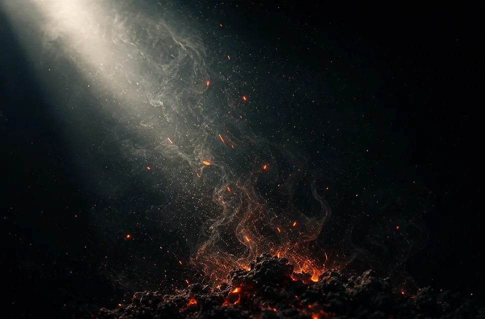 Simulación de humo y partículas iluminadas envolviendo un objeto en un espacio oscuro, efectos y simulaciones, módulo del Máster Avanzado en Animación Cinematográfica con ComfyUI de TRAZOS, escuela de arte digital en Madrid