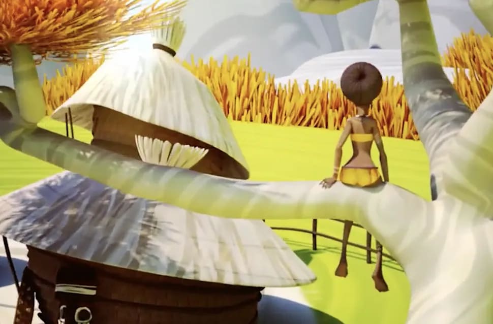 Escena 3D de un personaje sentado sobre una seta gigante en una sabana dorada, módulo del Máster Avanzado en Animación de Criaturas y Personajes de TRAZOS, escuela de arte digital en Madrid