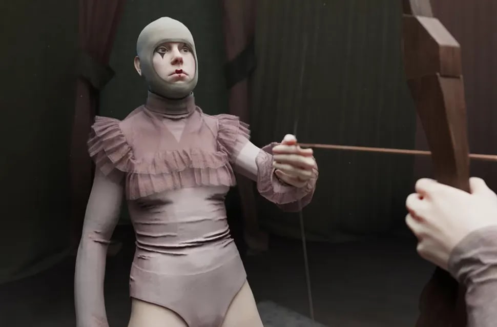 Personaje 3D con vestuario de tela rosa con volantes simulado en Marvelous Designer, estilo marioneta sujeta por hilos, módulo de la Doble Carrera en Postproducción de TRAZOS, escuela de arte digital en Madrid