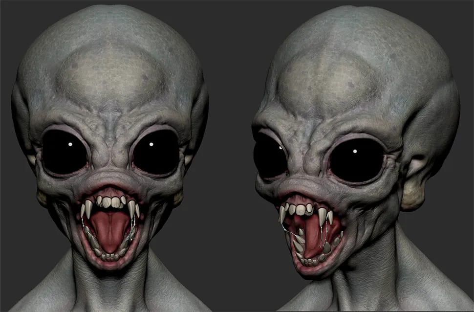 Busto 3D esculpido en ZBrush de una criatura alienígena gris con grandes ojos negros y boca con colmillos, dos vistas, módulo del Máster Avanzado en Escultura y Diseño de Personajes con ZBrush de TRAZOS, escuela de arte digital en Madrid