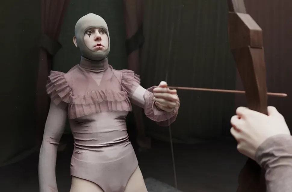 Personaje 3D con vestuario de tela rosa con volantes sujeto por hilos como una marioneta, módulo de la Doble Carrera en Ilustración, Concept Art, 3D y Animación de TRAZOS, escuela de arte digital en Madrid