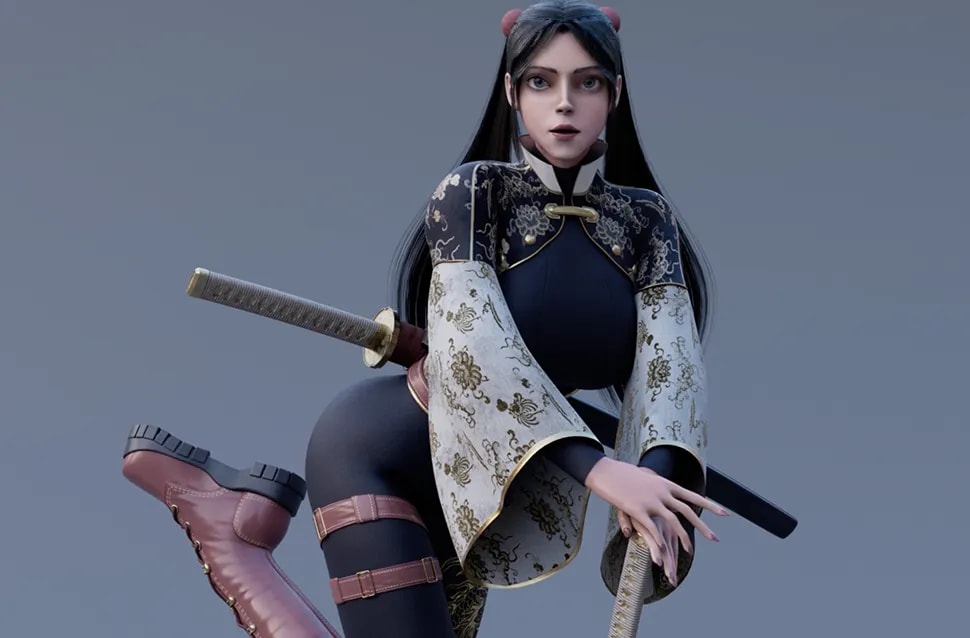 Personaje 3D estilizado de una guerrera de pelo largo con vestimenta oriental y katana, render con iluminación avanzada, módulo de la Doble Carrera en Postproducción de TRAZOS, escuela de arte digital en Madrid