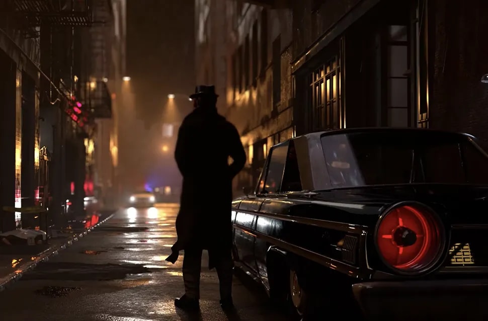 Render nocturno estilo cine negro de un hombre con gabardina y sombrero junto a un coche clásico negro en una calle lluviosa con reflejos de neón, módulo de la Doble Carrera en Ilustración, Concept Art, 3D y Animación de TRAZOS, escuela de arte digital en Madrid