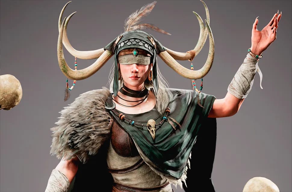 Personaje 3D chamán con los ojos vendados, tocado de grandes cuernos, capa de piel y ropajes verdes, módulo del Máster Avanzado en Escultura y Diseño de Personajes con ZBrush de TRAZOS, escuela de arte digital en Madrid