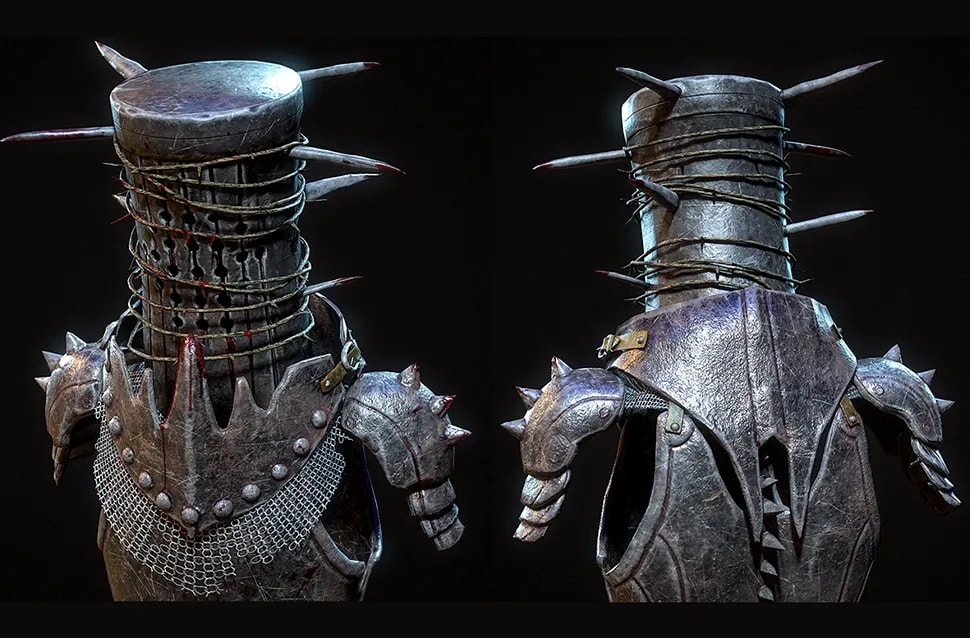 Modelado hardsurface de una armadura con casco de pinchos y hombreras con cabezas de caballo, dos vistas, módulo del Máster Avanzado en Escultura y Diseño de Personajes con ZBrush de TRAZOS, escuela de arte digital en Madrid