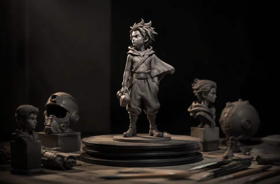 Modelo tridimensional de un personaje en vista de malla junto a props y un escenario en construcción, modelado, módulo del Máster Avanzado en Animación Cinematográfica con ComfyUI de TRAZOS, escuela de arte digital en Madrid