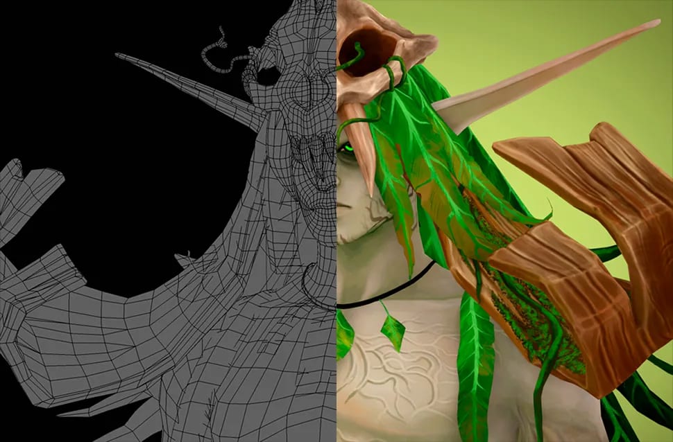 Personaje 3D élfico mostrado en wireframe (topología) y texturizado, optimización para videojuegos, módulo del Máster Avanzado en Escultura y Diseño de Personajes con ZBrush de TRAZOS, escuela de arte digital en Madrid