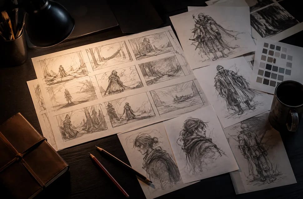 Mesa con viñetas de storyboard dibujadas a mano, moodboards de color y bocetos de personajes, preproducción, módulo del Máster Avanzado en Animación Cinematográfica con ComfyUI de TRAZOS, escuela de arte digital en Madrid