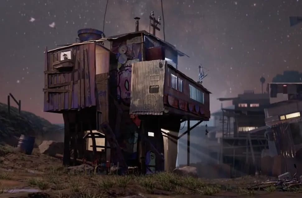 Entorno 3D de una chabola sobre pilares construida con chapa y materiales reciclados bajo un cielo estrellado, proyecto final, módulo de la Doble Carrera en Postproducción de TRAZOS, escuela de arte digital en Madrid