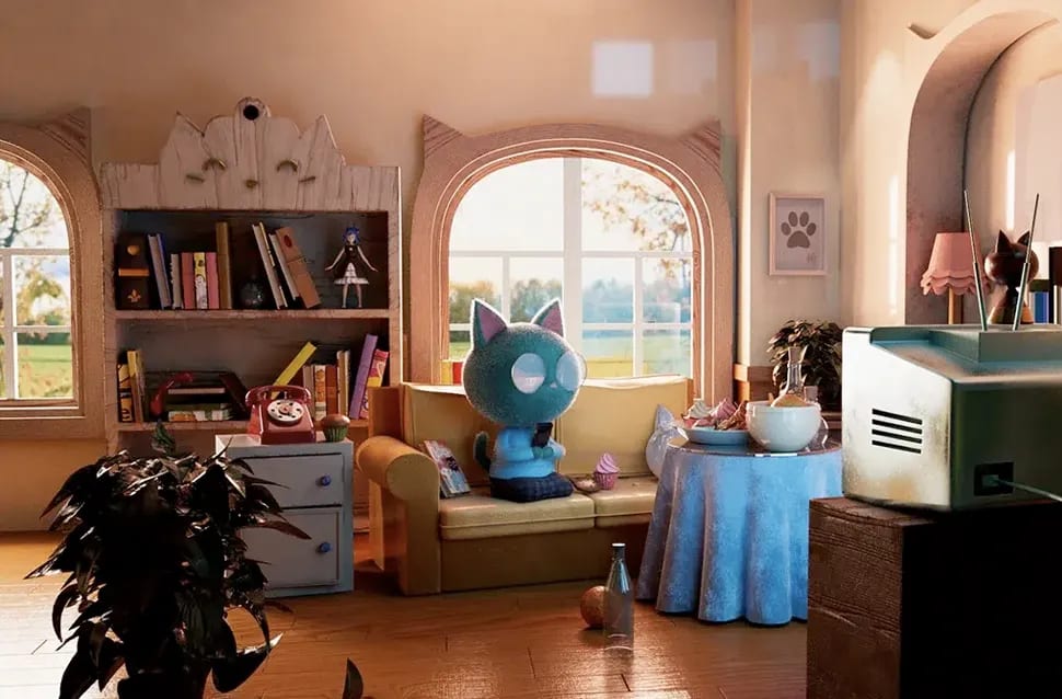 Escena 3D texturizada de un salón acogedor con un gatito azul sentado mirando por una ventana, estantería con libros y televisor retro con luz cálida, módulo de la Doble Carrera en Ilustración, Concept Art, 3D y Animación de TRAZOS, escuela de arte digital en Madrid