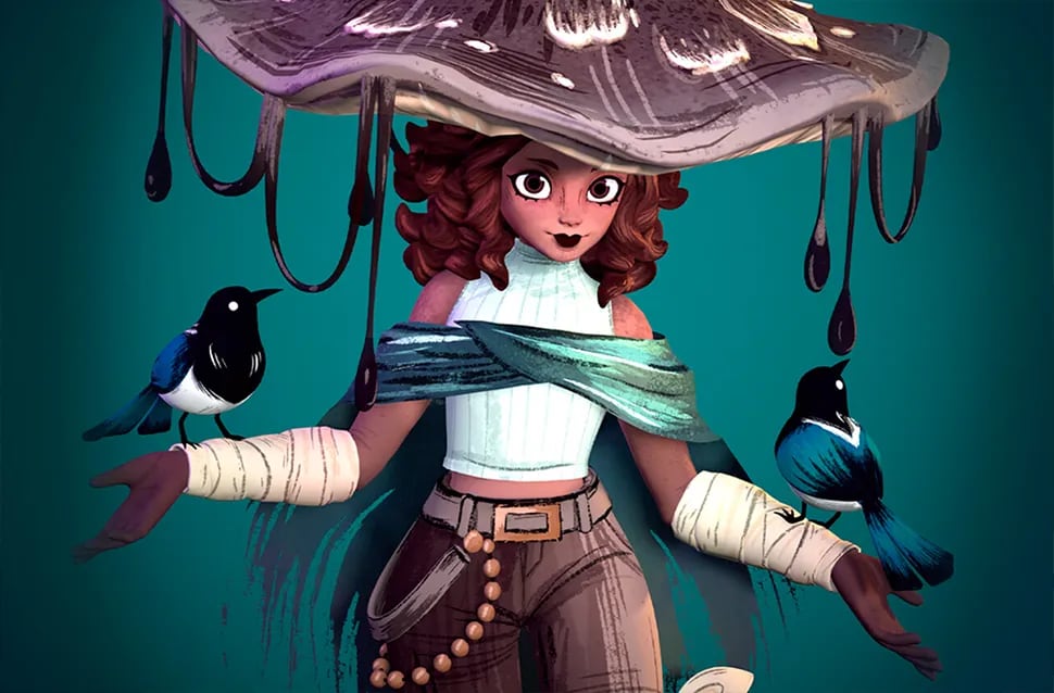 Personaje 3D estilizado de una chica con sombrero de seta gigante, pelo rizado pelirrojo y dos urracas, texturizado y render, módulo del Máster Avanzado en Escultura y Diseño de Personajes con ZBrush de TRAZOS, escuela de arte digital en Madrid