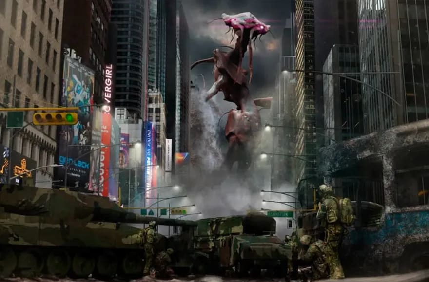 Concept art de una criatura colosal emergiendo entre rascacielos mientras tanques y soldados la rodean en plena avenida, módulo Diseño de Criaturas del Máster Avanzado en Concept Art & Visual Development de TRAZOS, escuela de arte digital en Madrid