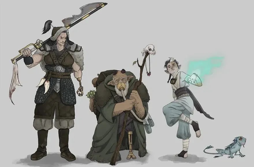 Hoja de diseño de personajes de fantasía con un guerrero con alabarda, un anciano hechicero encorvado con bastón, una elfa invocando magia y un pequeño reptil, módulo Diseño de Personajes Avanzado del Máster Avanzado en Concept Art & Visual Development de TRAZOS, escuela de arte digital en Madrid