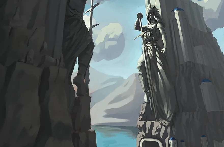 Matte painting de un desfiladero rocoso con una estatua monumental de guerrero y una ciudad tallada en la roca frente al mar, módulo Entornos y Matte Painting del Máster Avanzado en Concept Art & Visual Development de TRAZOS, escuela de arte digital en Madrid