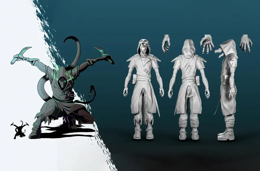 Pieza de portfolio de un personaje encapuchado con dagas junto a su turnaround en tres vistas y estudios de manos, módulo Portfolio Final y Proyecto de Especialización del Máster Avanzado en Concept Art & Visual Development de TRAZOS, escuela de arte digital en Madrid
