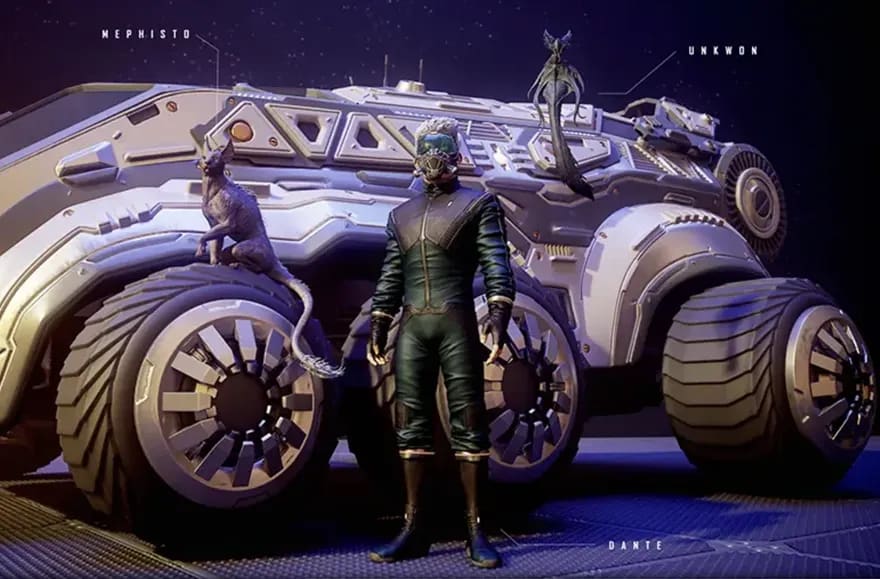 Concept art hard surface de un vehículo todoterreno blindado de ruedas gigantes junto a un personaje con máscara y una criatura felina, módulo Vehículos, Armas y Props del Máster Avanzado en Concept Art & Visual Development de TRAZOS, escuela de arte digital en Madrid