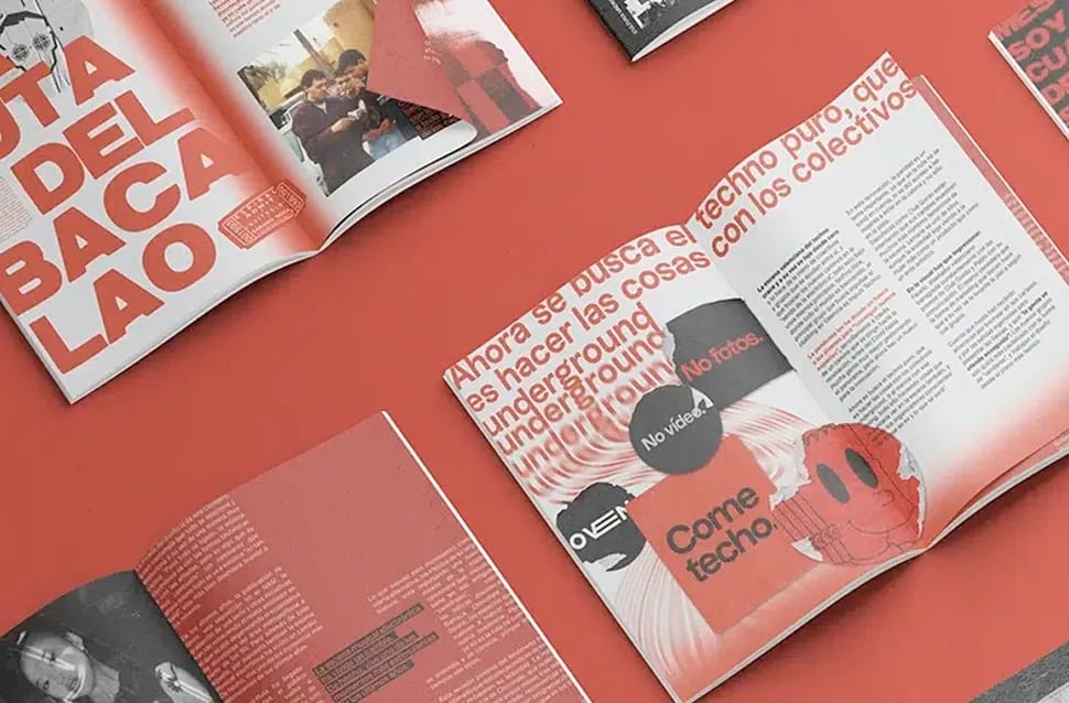 Maquetación editorial de una revista sobre la Ruta del Bacalao con tipografía roja, arte editorial con InDesign, módulo de la Carrera en Diseño Gráfico de TRAZOS, escuela de arte digital en Madrid