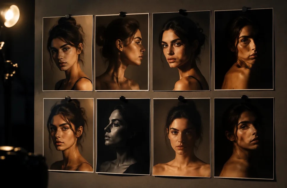 Serie de imágenes fotorrealistas de un mismo personaje en distintos planos e iluminaciones sobre una pared de moodboard, dirección de fotografía sintética, módulo del Máster Avanzado en IA Generativa Aplicada a la Dirección de Arte y Diseño Gráfico de TRAZOS, escuela de arte digital en Madrid